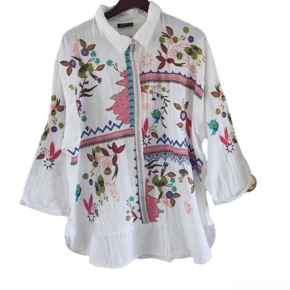 AP.NY New York Embroidered Floral Birds Embroidery Button Front Blouse Top XL - Picture 1 of 11